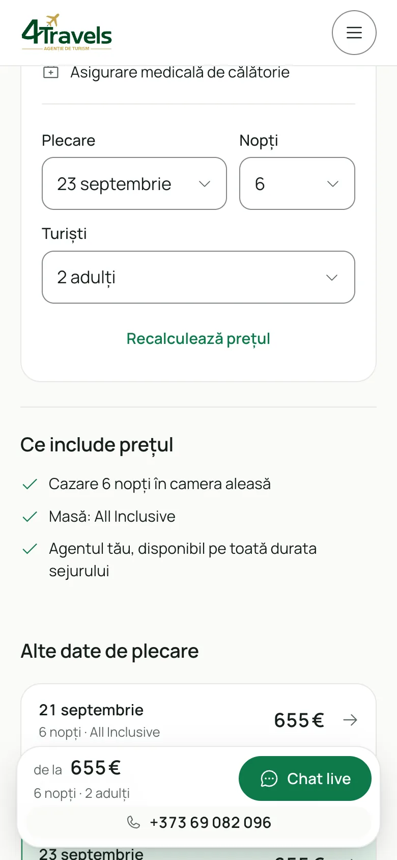 Pagina de hotel de pe 4travels.md pe ecran de telefon, cu bara fixă de jos care arată prețul și butoanele de contact