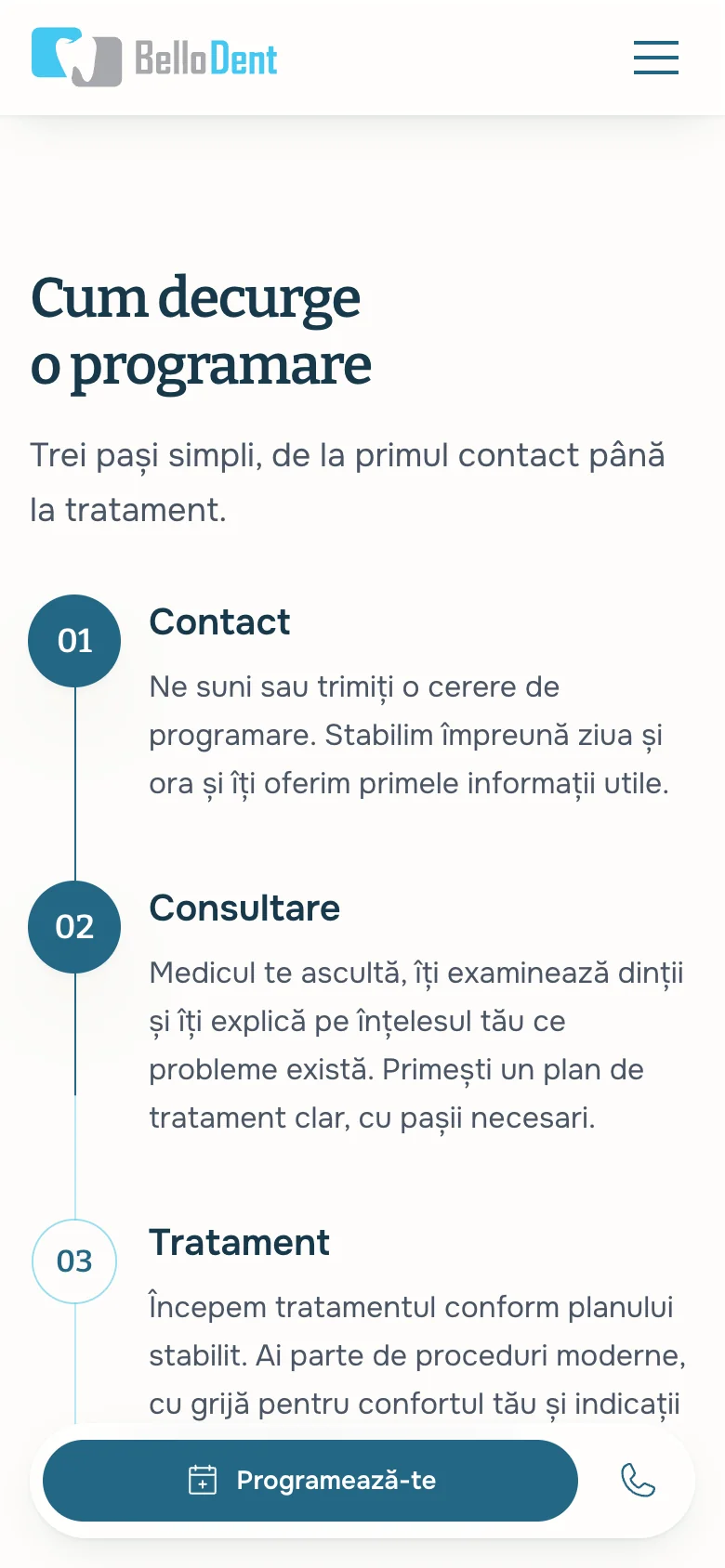 Prima pagină bellodent.md pe ecran de telefon, cu butonul Programează-te, telefonul și „Cum ajungi”